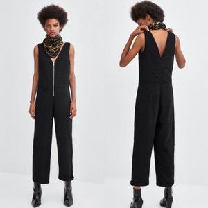 Zara TRF Wide-Leg Denim Jumpsuit with Zip Black